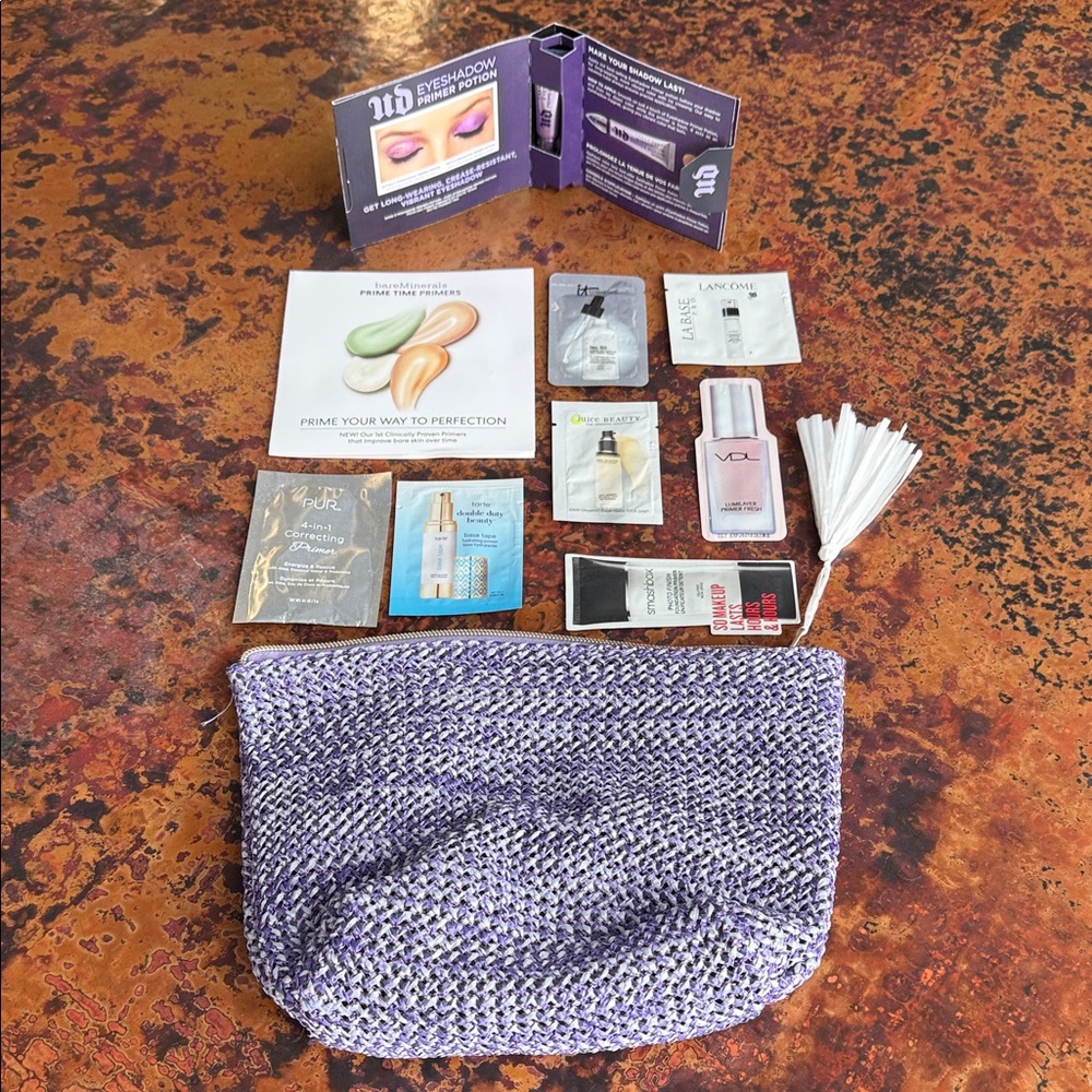 9 “Primer” Travel/Samples & Purple Textured Makeup Bag Pouch-Urban Decay, Etc.